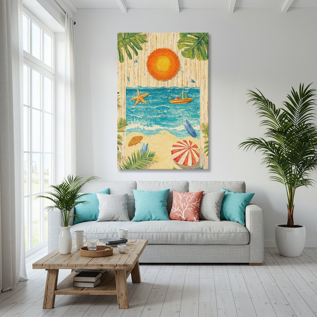 Framed Wall Art: Coastal beach scene Canvas Print in a bright, airy interior. Featuring a vibrant blue, orange, and green color palette. Perfect for a beachy vibe!