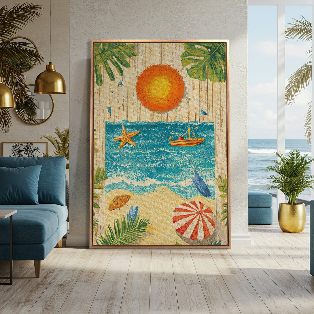 Framed Wall Art: Beach scene Canvas Print with a vibrant, tropical style. Features a warm color palette of orange, blue, and green, perfect for coastal decor.