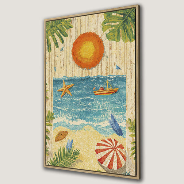 Framed Wall Art: Coastal beach scene Canvas Print with a warm, inviting color palette. Features sun, sea, boat, and umbrella, perfect for adding a touch of summer.