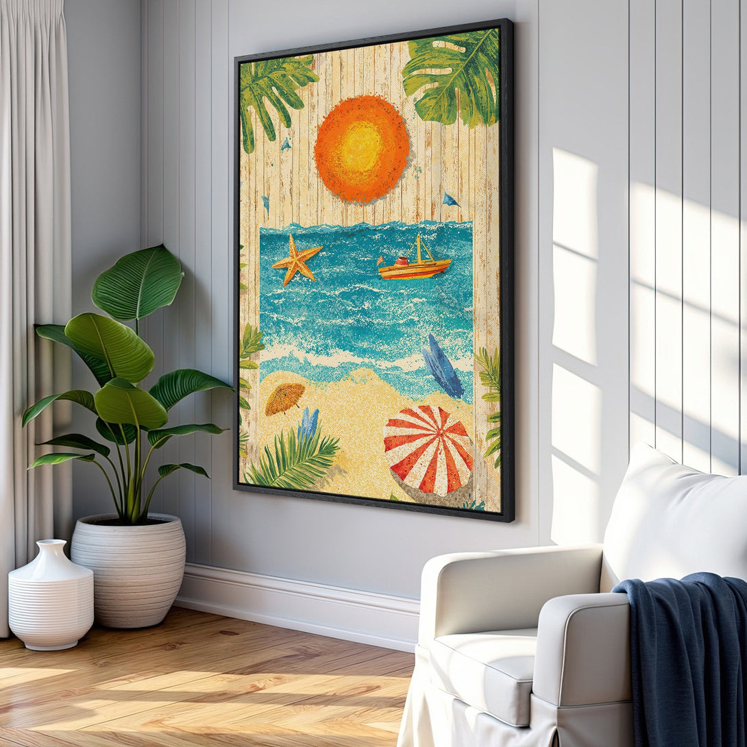 Framed Wall Art: Beach scene Canvas Print with a vintage style, featuring a sunny beach in blue, yellow, and green hues. Perfect for coastal decor!