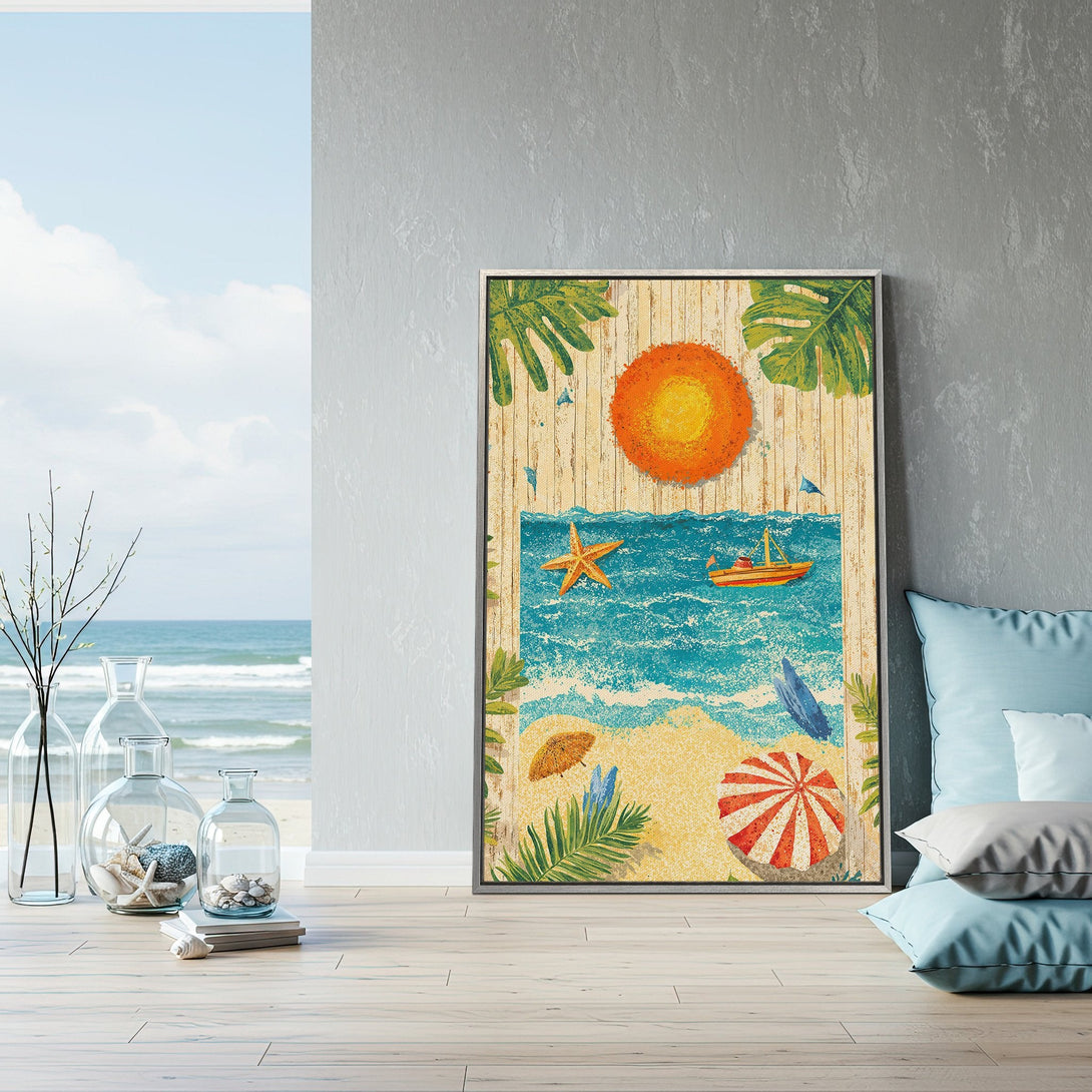 Framed Wall Art: Beach scene Canvas Print with vibrant colors. Perfect coastal decor with a retro style, featuring a warm orange, blue, and sandy palette.