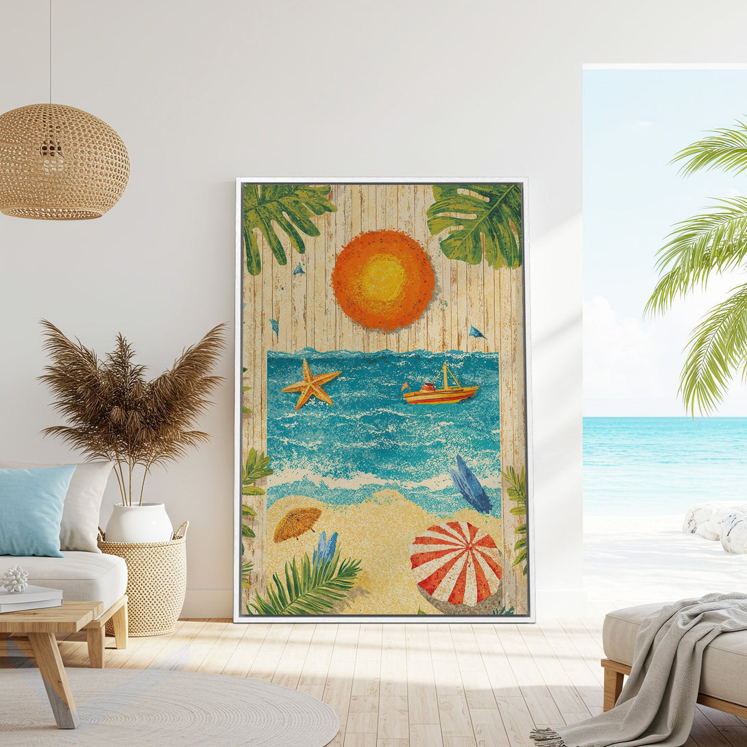 Framed Wall Art: Coastal scene Canvas Print in a bright, sunny interior. Featuring beach, sun, and sea in a vibrant, tropical color palette. Perfect for summer decor!
