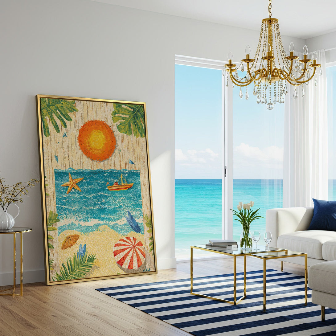 Canvas Print of a beach scene in a coastal, vintage style with a warm, inviting color palette. Perfect for adding a touch of summer!