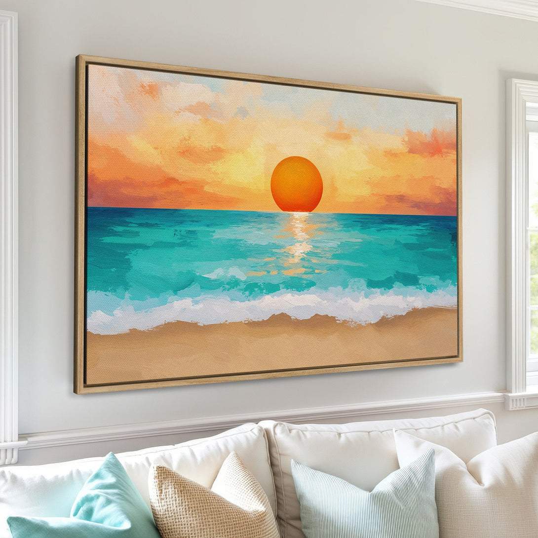 Canvas Print of a sunset over the ocean, featuring vibrant orange, turquoise, and beige hues. Coastal art perfect for adding warmth and style to any room.