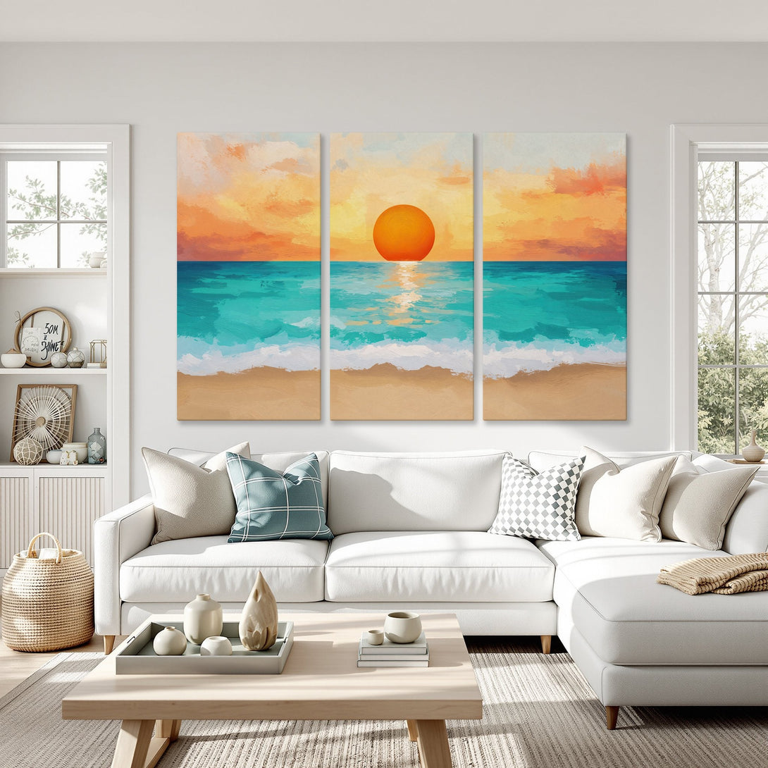Canvas Print of a sunset beach scene in vibrant orange, turquoise, and beige hues. Modern abstract art perfect for coastal decor.