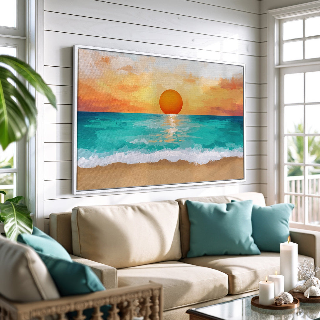 Framed Wall Art: Coastal sunset canvas print in vibrant orange, teal, and beige hues. Perfect for adding a touch of serenity and style to your home decor.