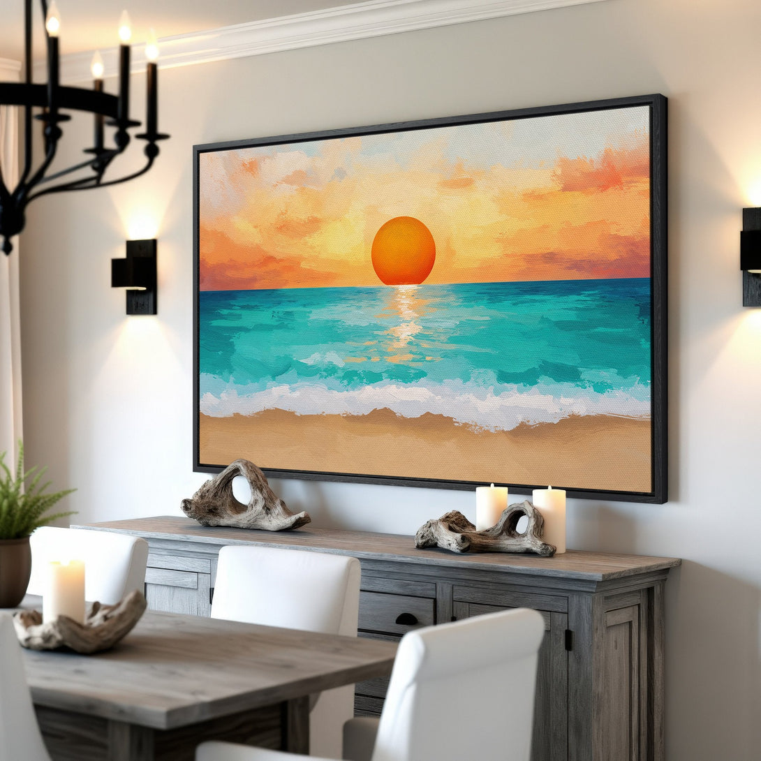 Framed Wall Art of a beach sunset. Coastal art in warm orange, teal, and sand tones. Perfect for adding a relaxing vibe to your home.