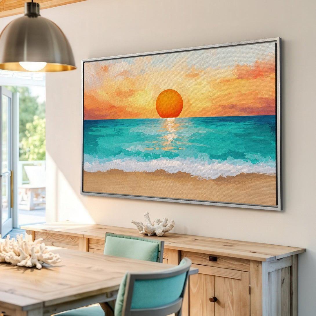 Framed Wall Art: Coastal sunset canvas print in warm orange and teal hues. Modern beach scene art adds a pop of color and style to any interior.