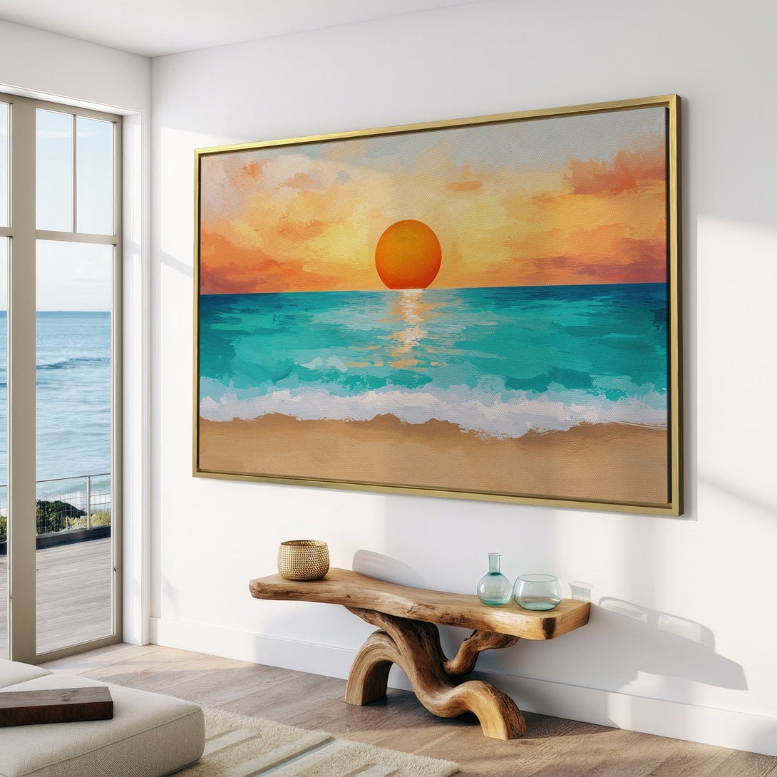 Canvas Print of a sunset over the ocean, displayed in a modern interior. Features warm orange, blue, and beige color palette, perfect for coastal decor.