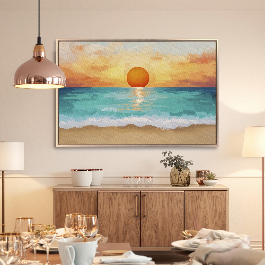 Framed Wall Art: Sunset over the ocean, vibrant colors of orange, teal, and gold. Coastal art for a relaxing home.
