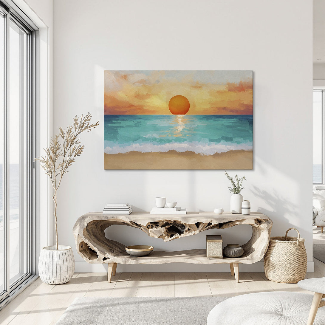 Framed Wall Art featuring a vibrant sunset over the ocean. Coastal-inspired canvas print with a warm orange, teal, and beige color palette. Perfect for any space!