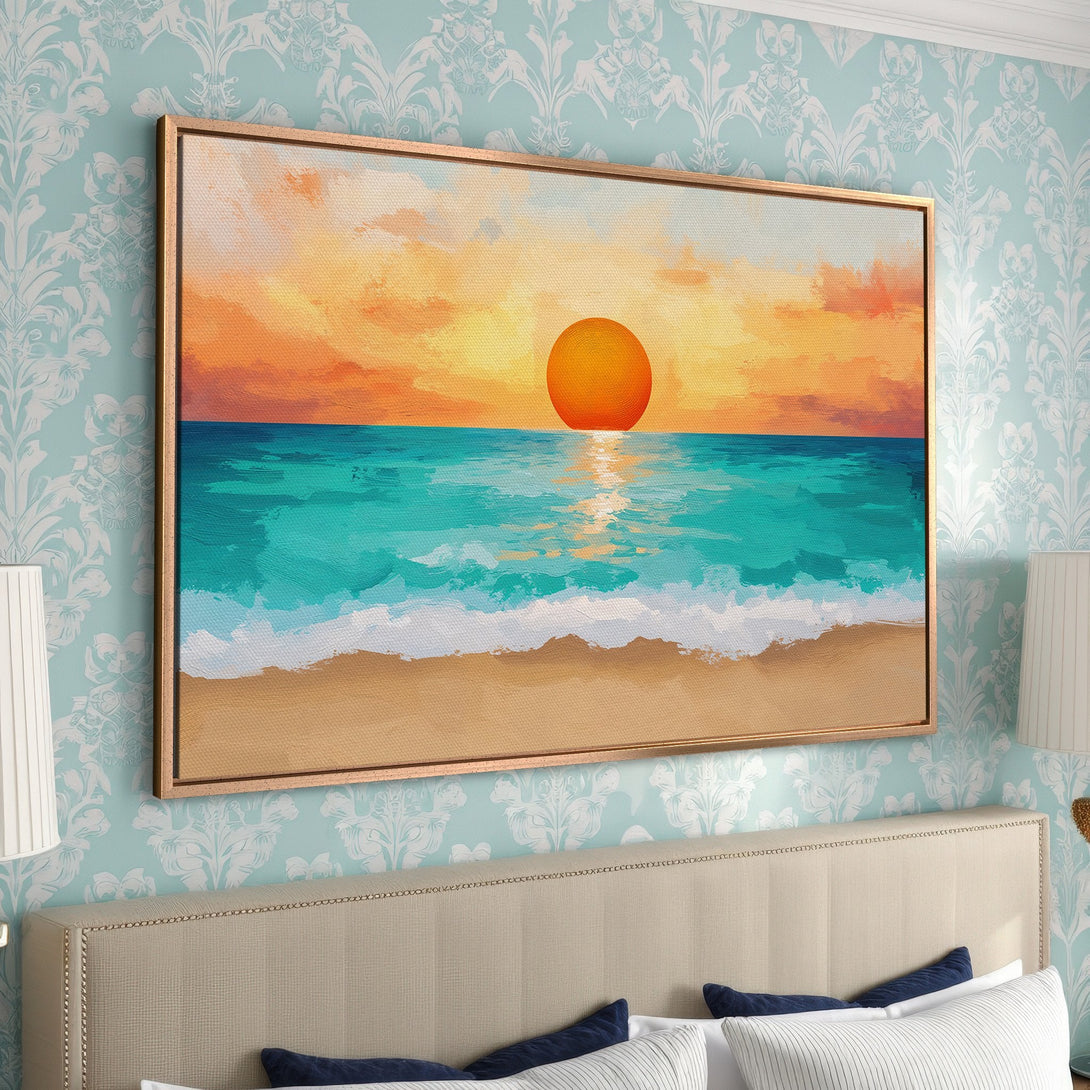Framed Wall Art featuring a vibrant sunset over the ocean. Coastal style with warm orange, turquoise, and beige color palette. Perfect for bedroom decor.