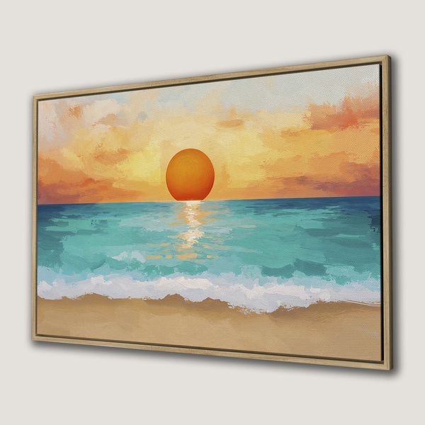 Canvas Print of a sunset over the ocean. Impressionistic style with warm orange, teal, and beige color palette. Perfect coastal wall art.