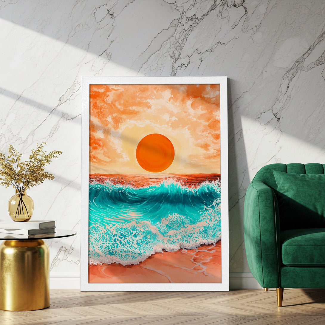 Framed Poster featuring a sunset over ocean waves, vibrant orange, teal, and coral color palette. Coastal art for your home.