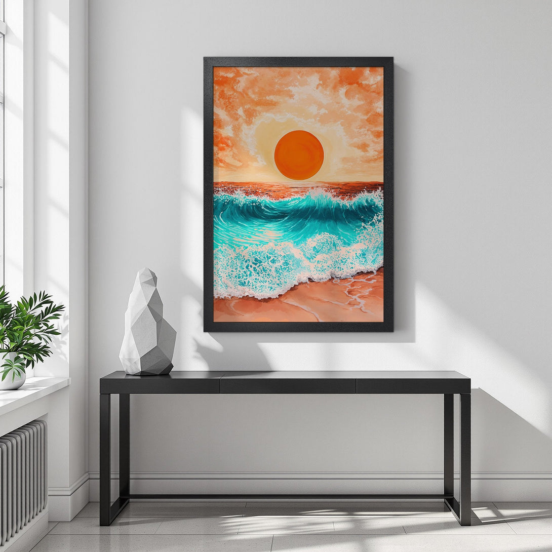 Framed Poster featuring a vibrant ocean sunset. Coastal art print with orange, turquoise, and warm tones. Perfect wall decor.