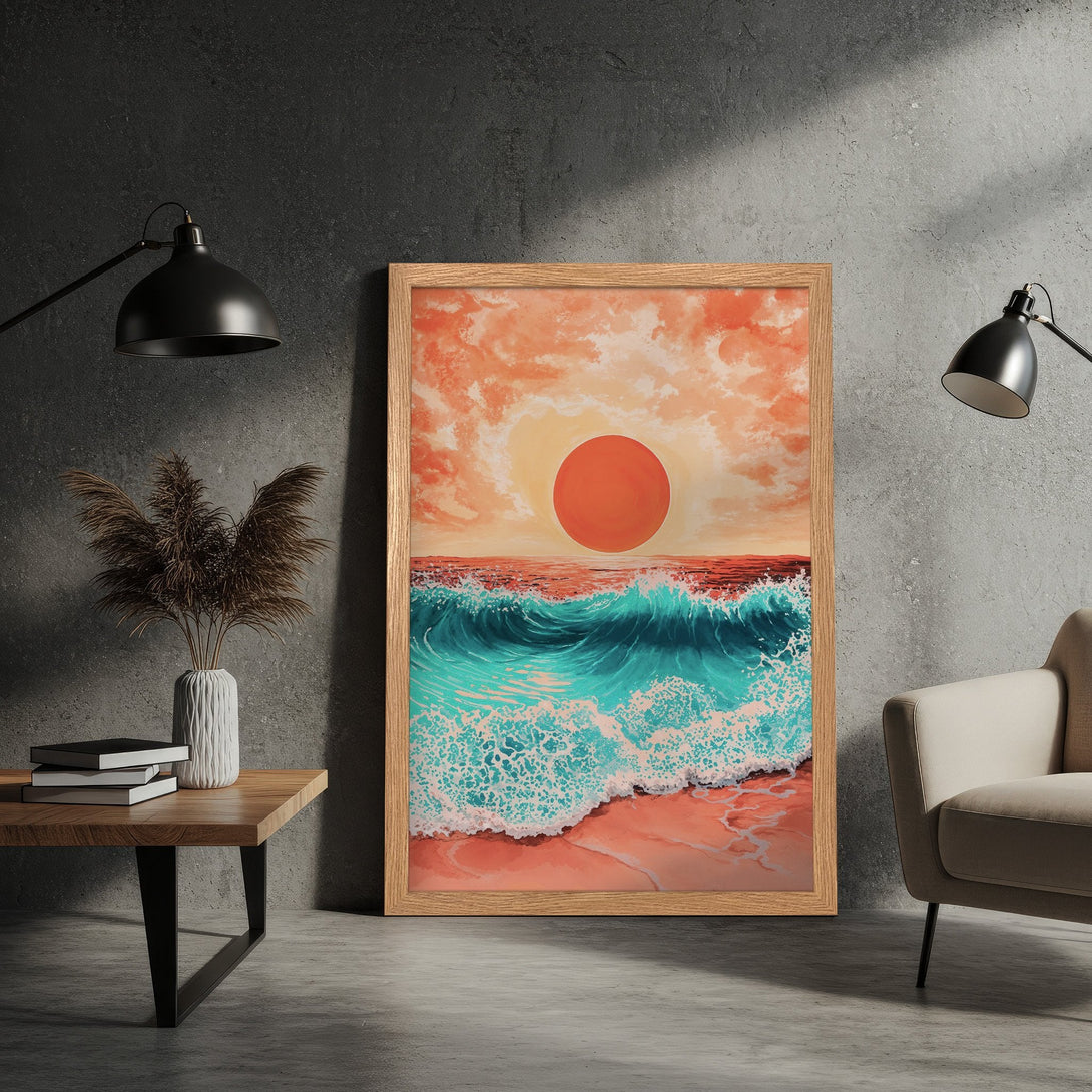 Framed Poster featuring a vibrant ocean sunset. Modern art style with a warm, inviting color palette of orange, teal, and pink. Perfect wall decor!