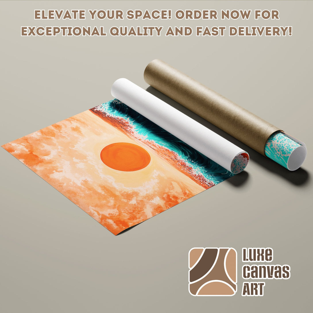 Abstract beach scene Poster Roll art in warm orange, teal, and beige tones. Order now!