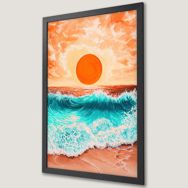 Framed Poster featuring a vibrant beach scene with a sunset, turquoise waves, and orange sky. Artistic style, warm color palette.