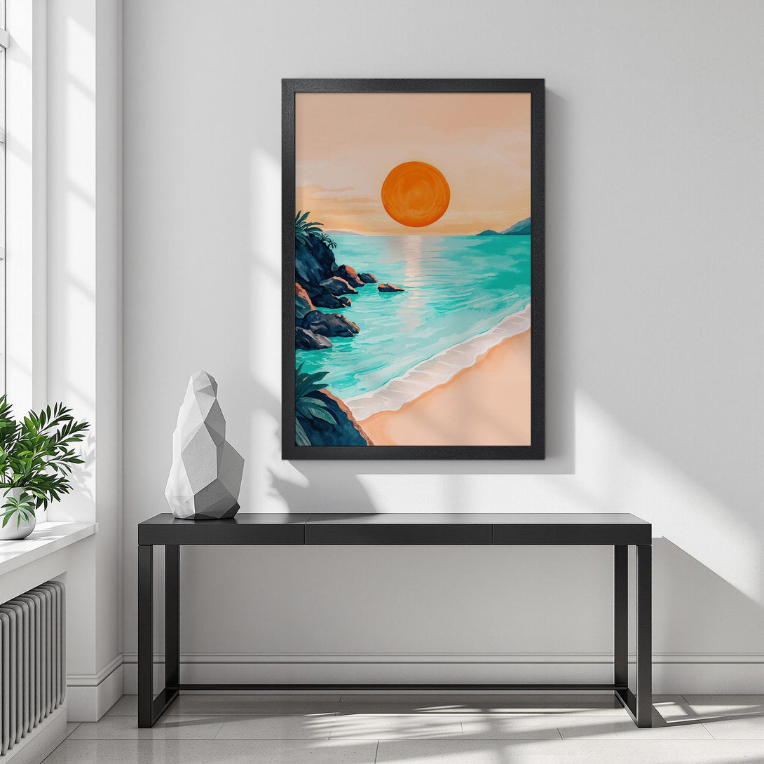 Framed Poster of a beach sunset in a vibrant, modern style. Featuring a warm orange and teal color palette, perfect wall art.