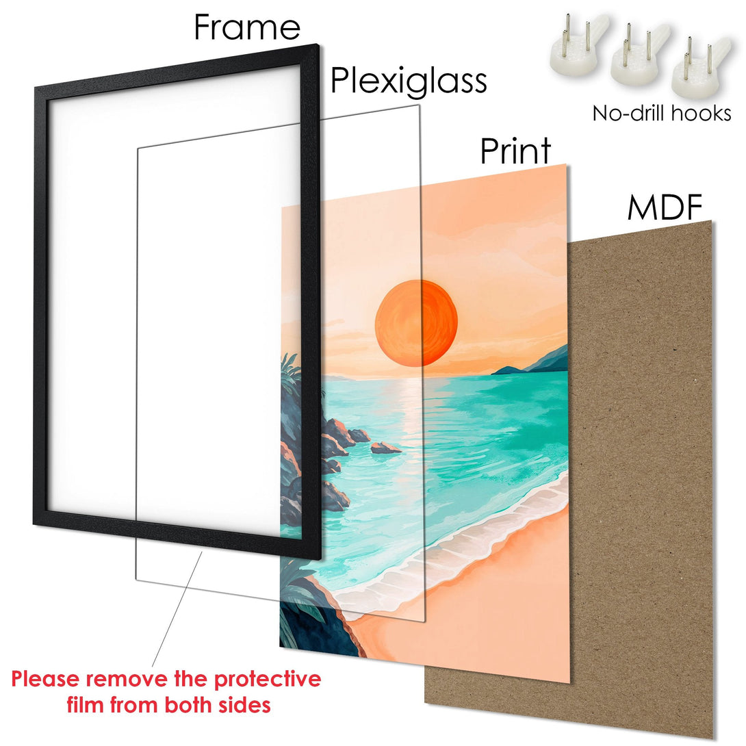 Framed Poster featuring a beach scene in a vibrant, watercolor style with a warm, sunset color palette. Perfect wall art!