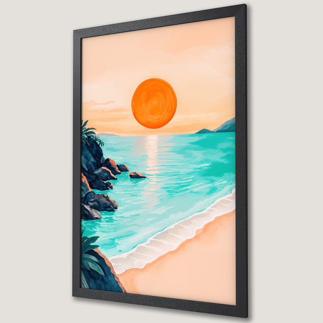 Framed Poster of a beach scene with a vibrant orange sunset. Tropical style art with teal, orange, and blue color palette. Bring the beach to your home!