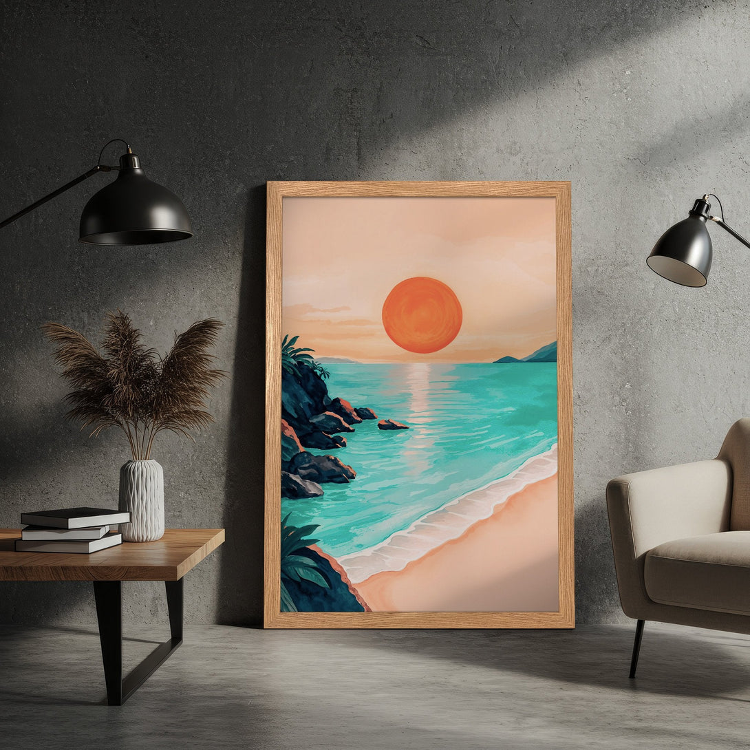 Framed Poster featuring a beach sunset scene. Coastal art in a modern style with a warm, inviting color palette of orange, teal, and beige.