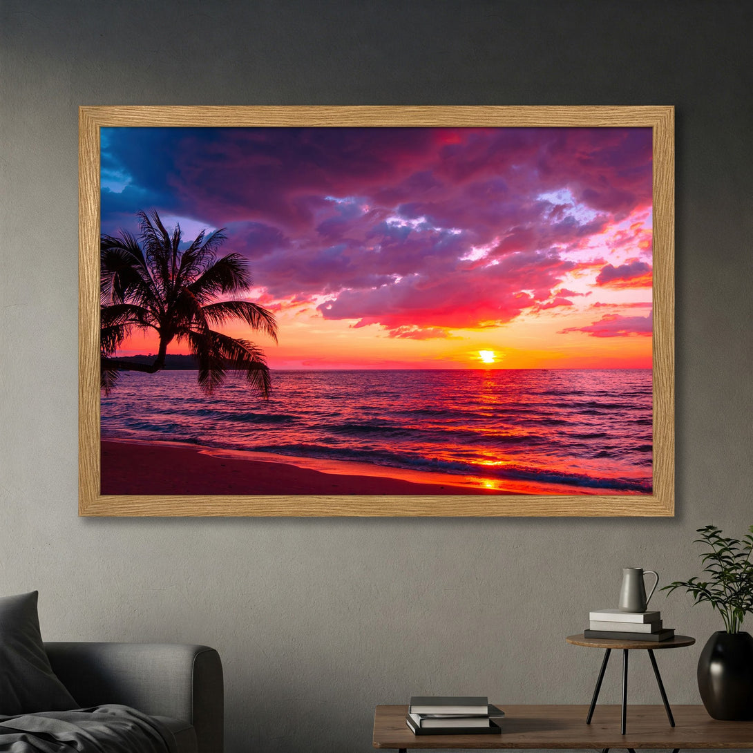 Framed Poster featuring a vibrant sunset over the ocean with a palm tree silhouette. Stunning art in a red, orange, and purple color palette.