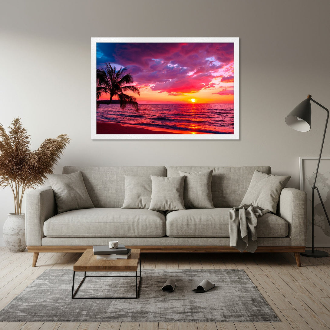 Framed Poster featuring a vibrant sunset over the ocean. Tropical style, rich red, orange, and purple color palette. Perfect wall art.