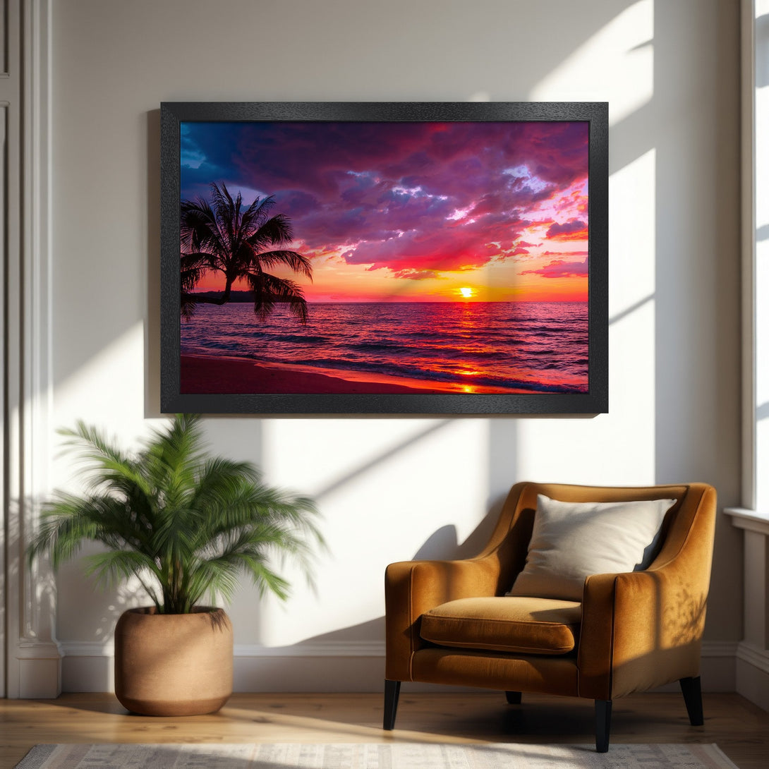 Framed Poster of a vibrant beach sunset. Tropical style with a fiery red, orange, and purple color palette. Bring paradise home!