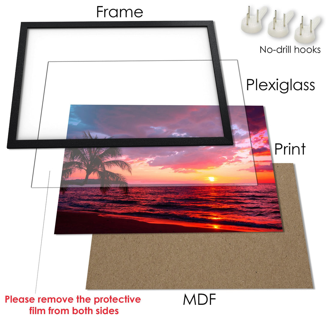 Framed Poster of a vibrant sunset over the ocean. Features a tropical style with red, orange, and purple hues. Ready to hang!