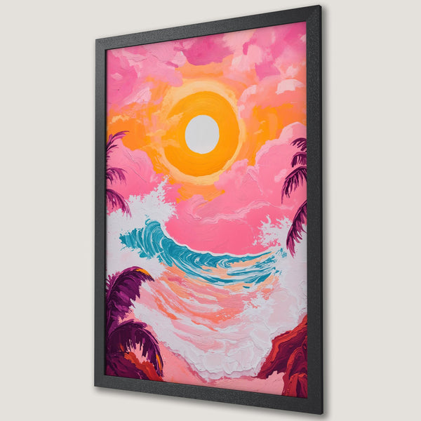 Framed Poster of a vibrant beach scene with a sunset, palm trees, and ocean waves. Painted in a textured, impressionistic style with a pink, orange, and teal color palette.