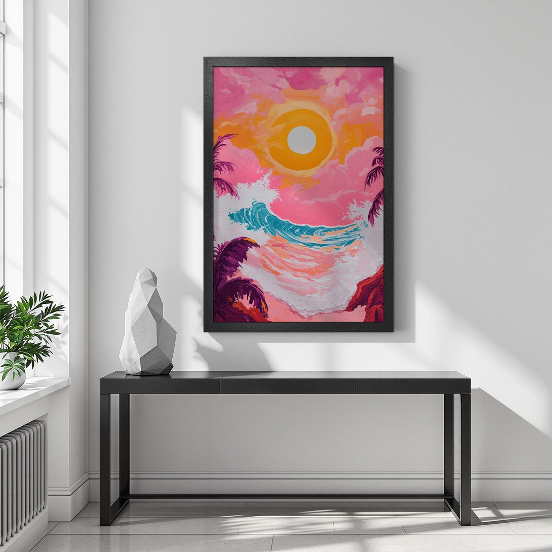 Framed Poster featuring a vibrant beach scene with a pink and orange sunset. Modern art style, colorful palette. Perfect wall decor!