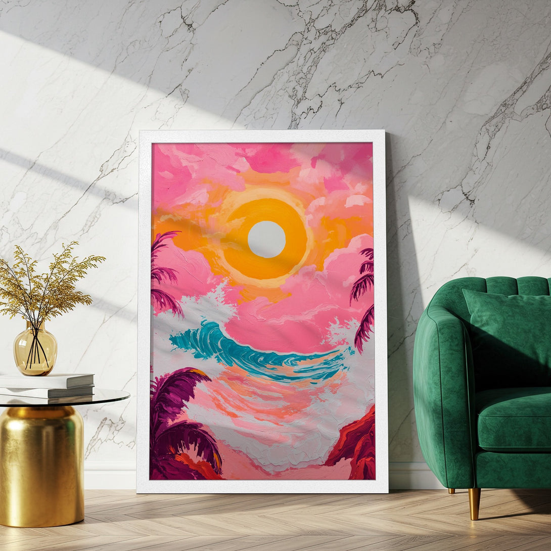 Framed Poster: Abstract sunset art print with vibrant pink, orange, and teal colors. Add tropical vibes to your space with this stylish wall art!