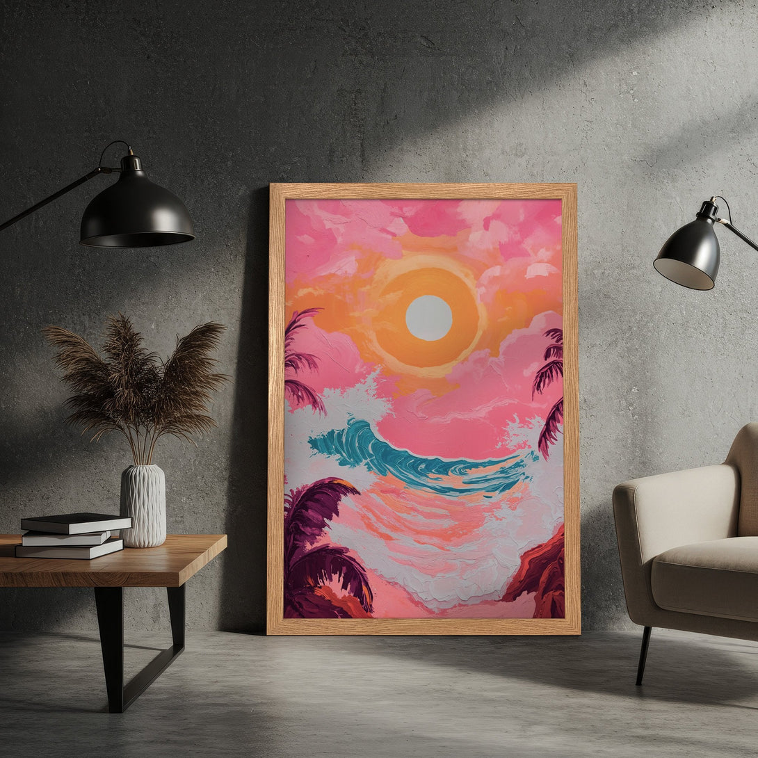 Framed Poster featuring a vibrant sunset beach scene, painted in a bold, impressionistic style with a pink and orange color palette.
