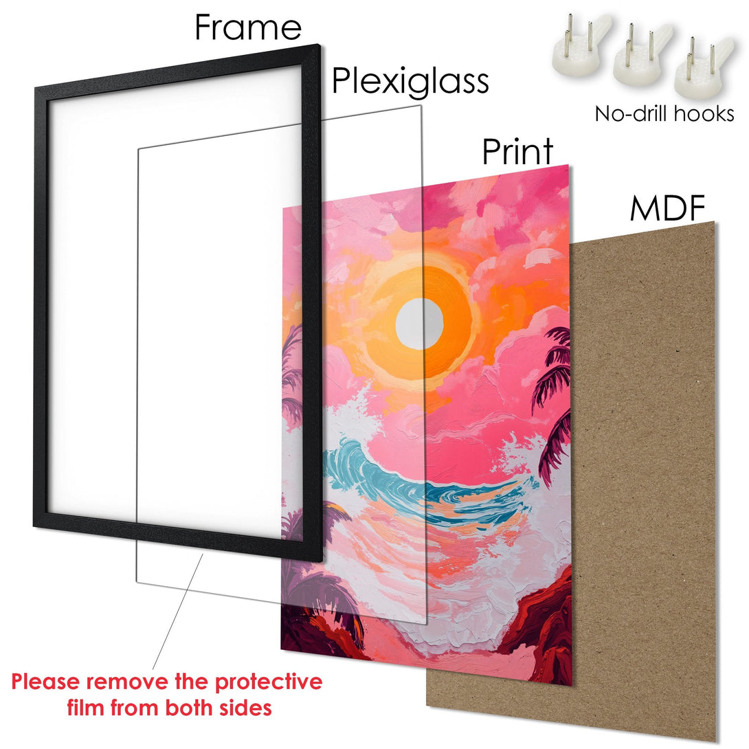 Framed Poster of a sunset beach scene, vibrant pink & orange hues. Modern art style, ready to hang.