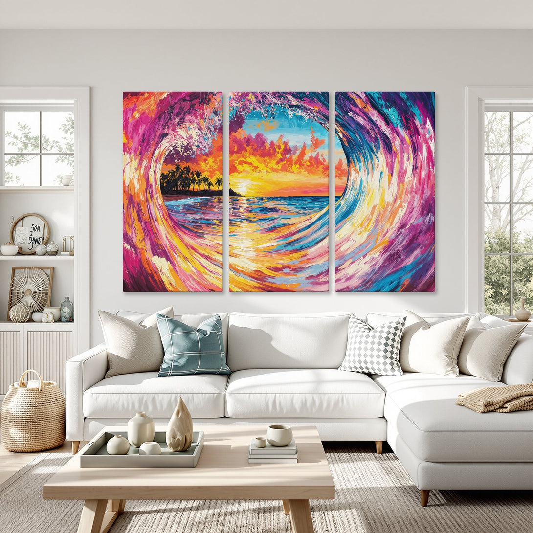 Abstract wave Canvas Print with vibrant pink, orange, and blue hues. Modern art adds a splash of color to any space!