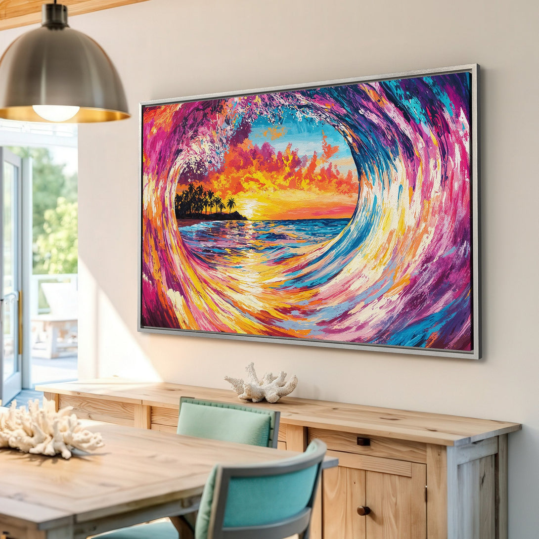 Framed Wall Art: Vibrant wave art Canvas Print with a sunset scene. Bold brushstrokes and a colorful palette of pinks, oranges, and blues. Perfect coastal decor.