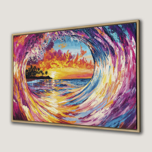 Framed Wall Art: Abstract wave painting with vibrant sunset colors. Add a splash of color to your space with this stunning canvas print!