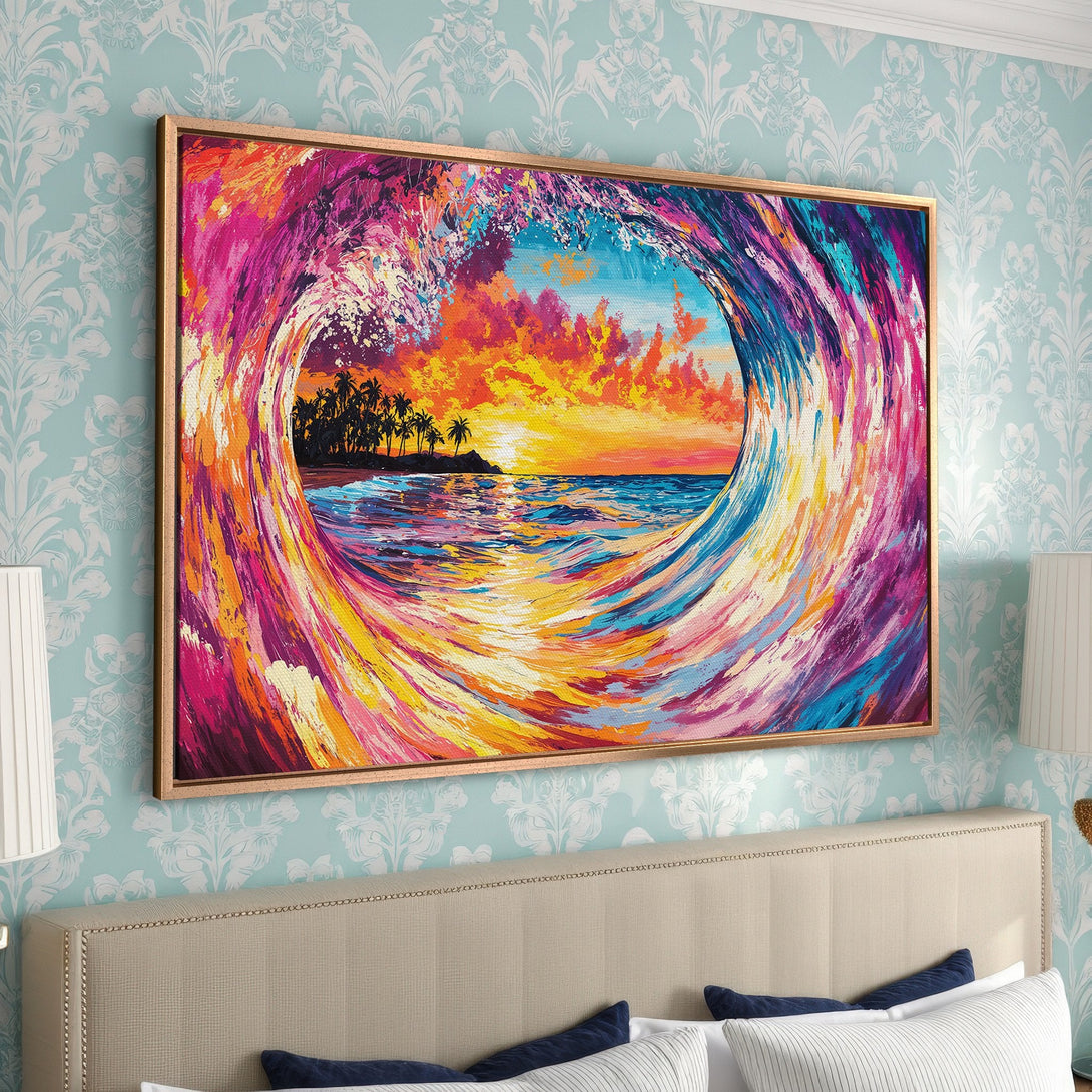 Framed Wall Art: Vibrant ocean wave painting with sunset colors. Modern abstract art in pink, orange, and blue. Perfect for coastal decor & home accents.