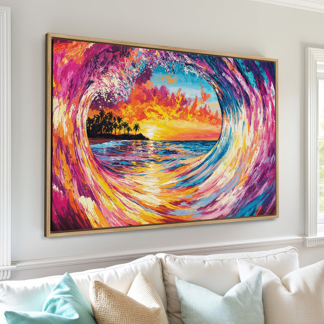 Framed Wall Art: Vibrant ocean wave painting in a colorful, impressionistic style. Featuring a sunset with pink, orange, and blue hues. Perfect for coastal decor.