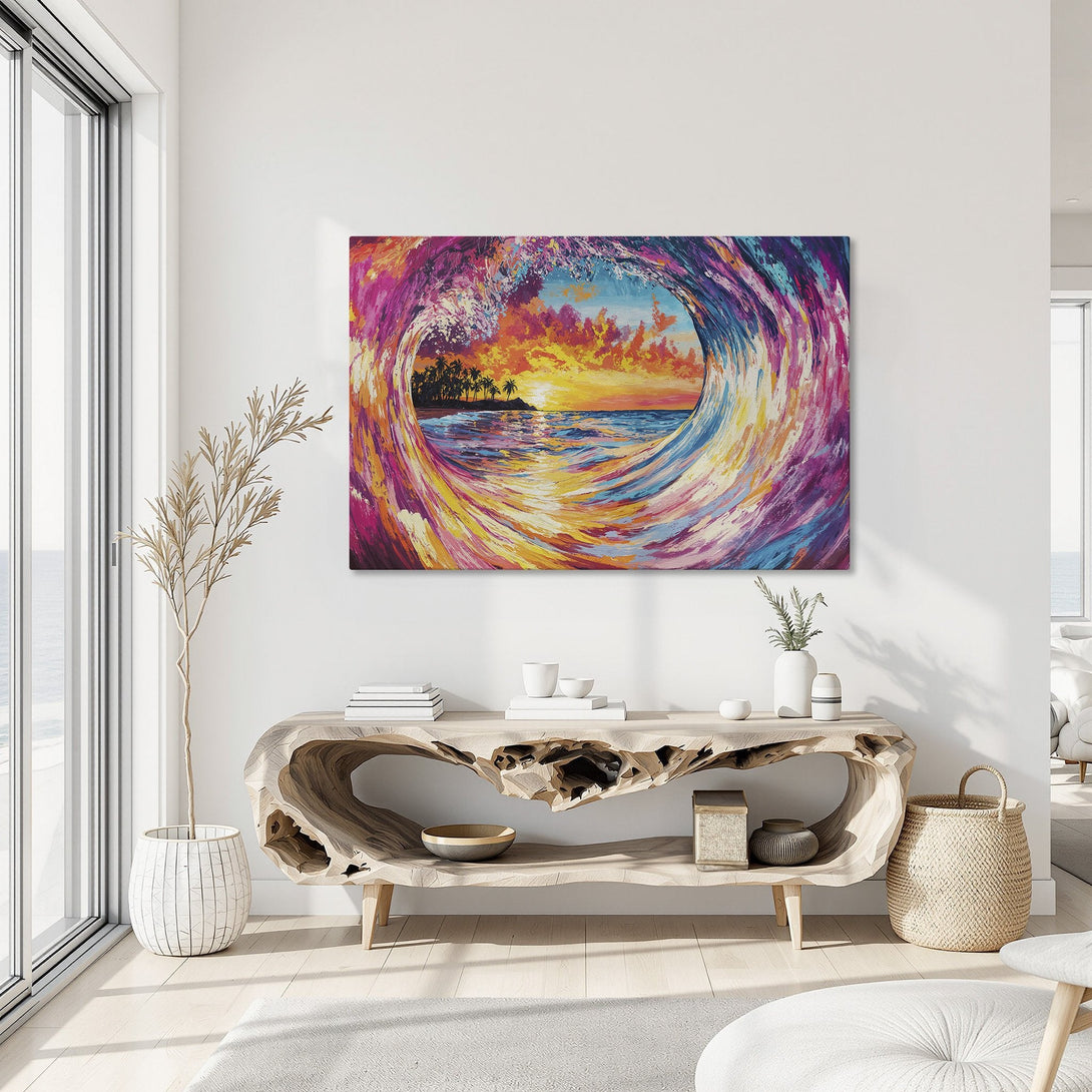 Framed Wall Art: Vibrant wave painting with sunset colors. Modern, abstract style. Adds coastal charm to any room. Shop now for colorful home decor!
