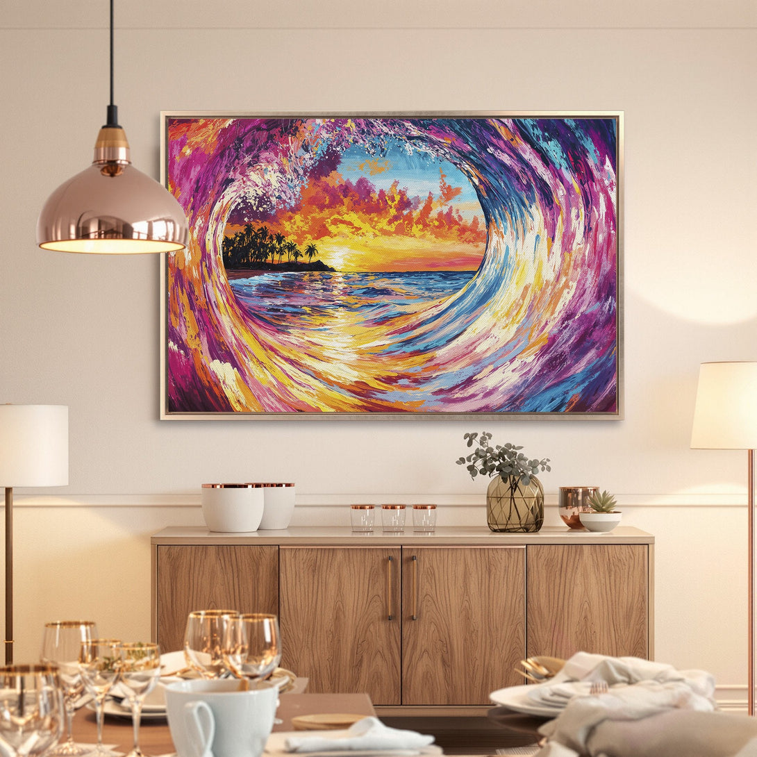 Framed Wall Art: Vibrant wave painting with sunset colors (orange, pink, blue, yellow). Modern art style, perfect for coastal decor.