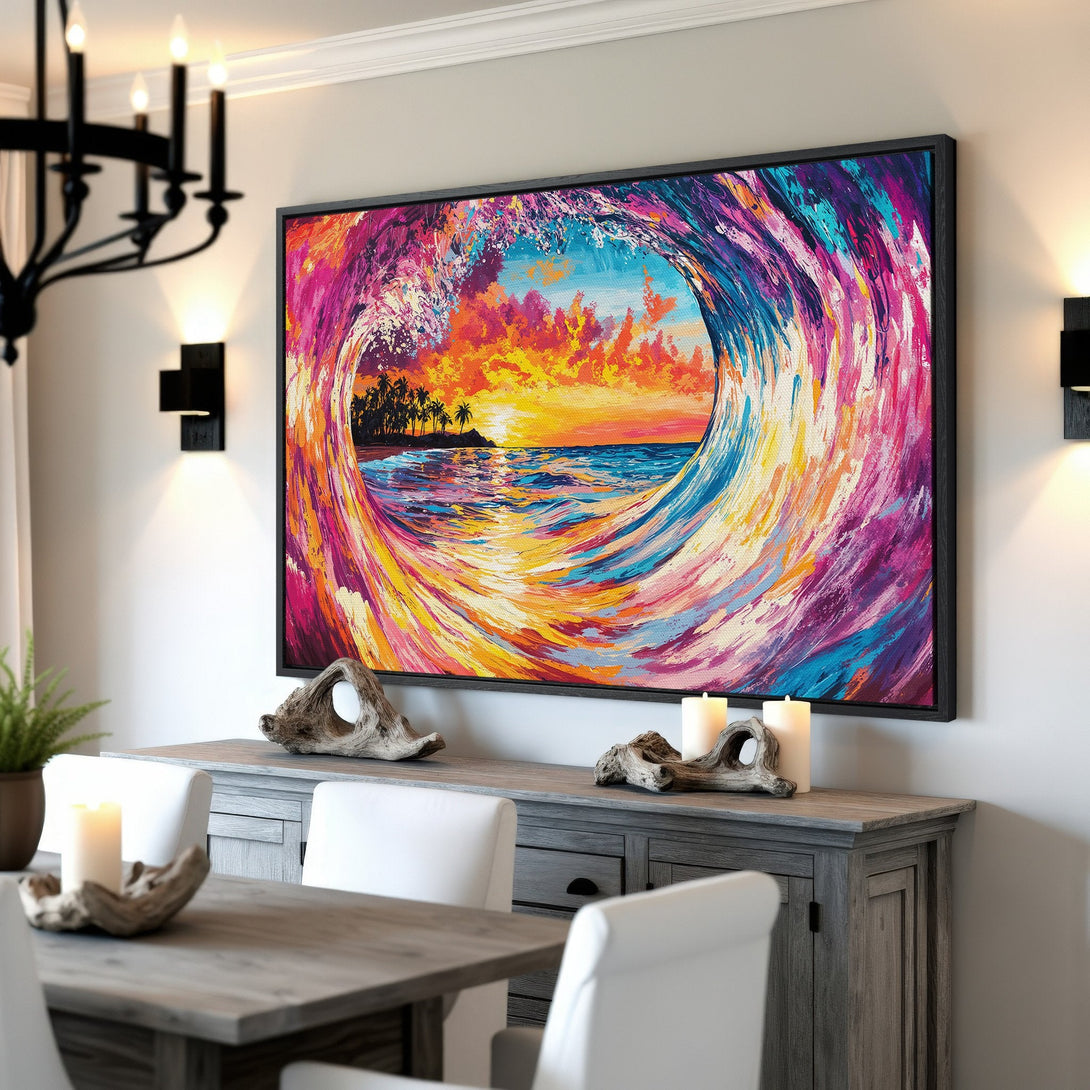 Framed Wall Art: Vibrant wave painting in a dining room. Colorful abstract art with a tropical sunset in a bold, eye-catching palette.