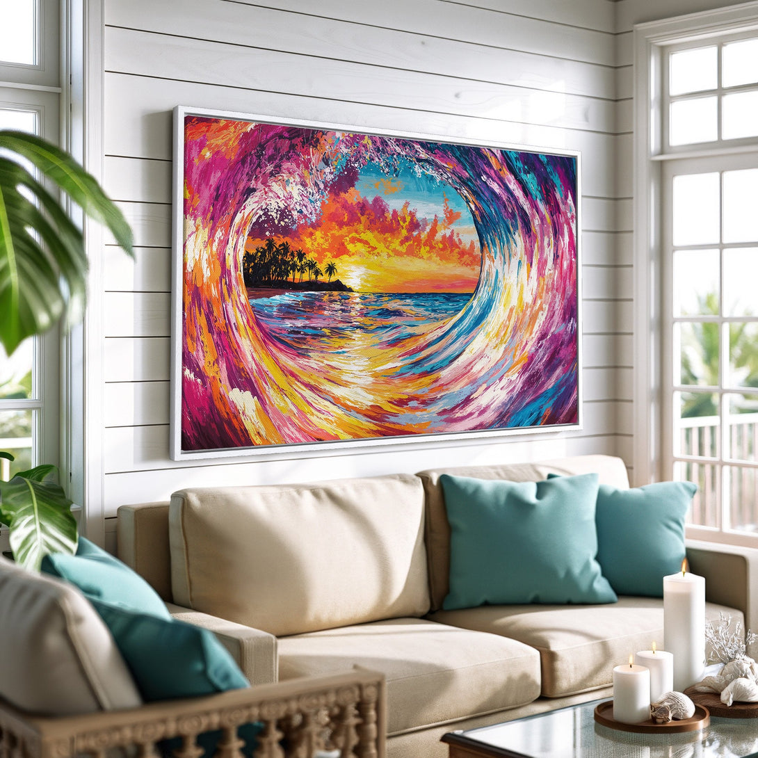 Framed Wall Art: Vibrant abstract ocean wave painting with a sunset color palette. Adds a pop of color to any living room!