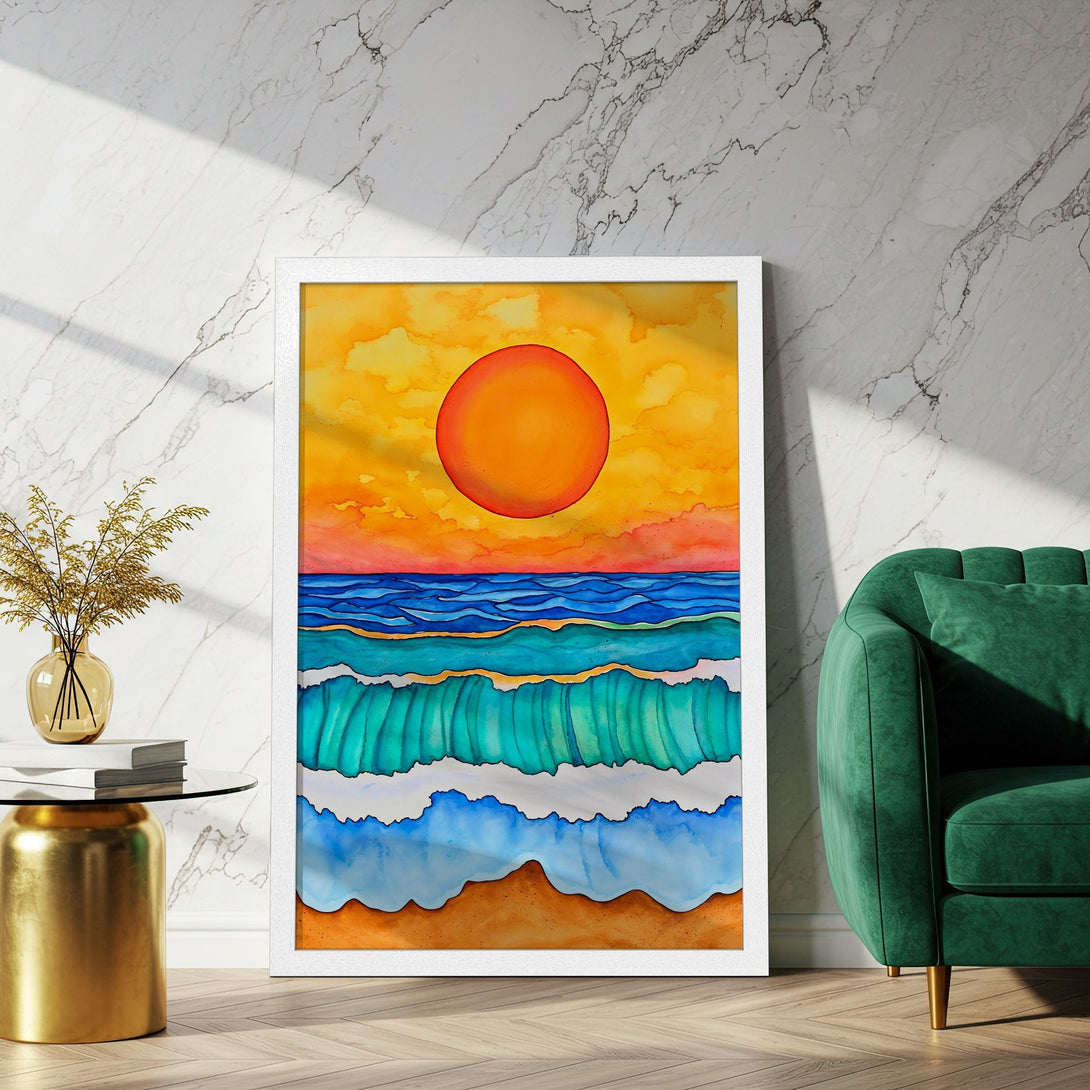 Framed Poster: Watercolor sunset and ocean art print in vibrant orange, blue, and turquoise. Perfect coastal decor!