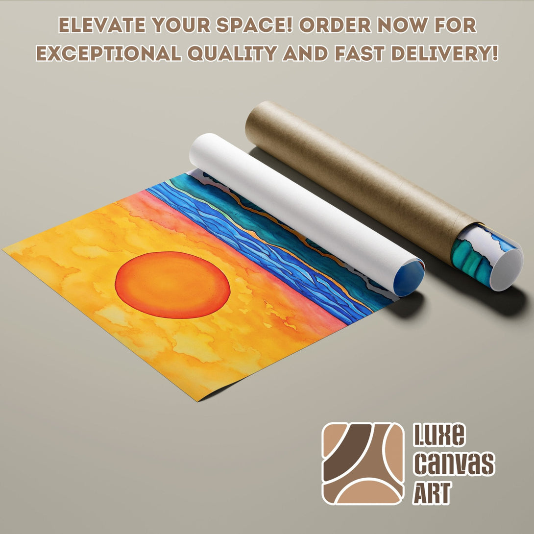 Abstract sunset Poster Roll art print in warm yellow, orange, and blue tones. Elevate your space!