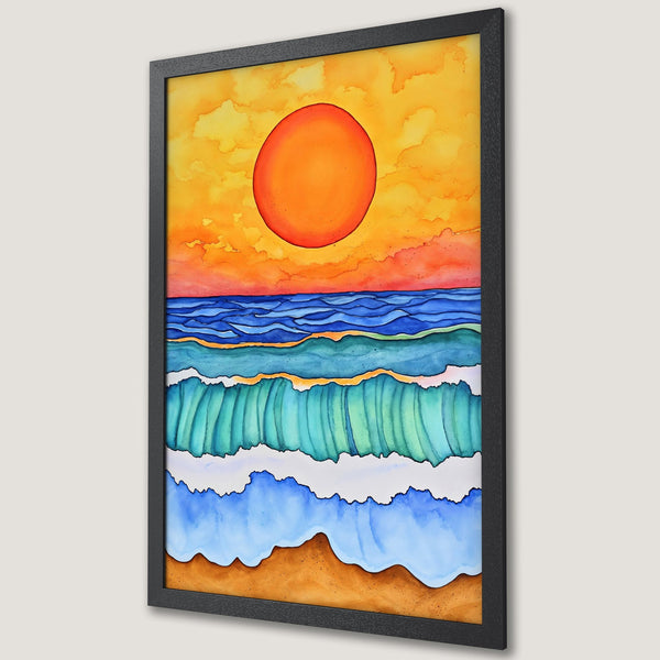 Framed Poster featuring a watercolor sunset over ocean waves. Vibrant orange, blue, and turquoise color palette. Perfect coastal decor!
