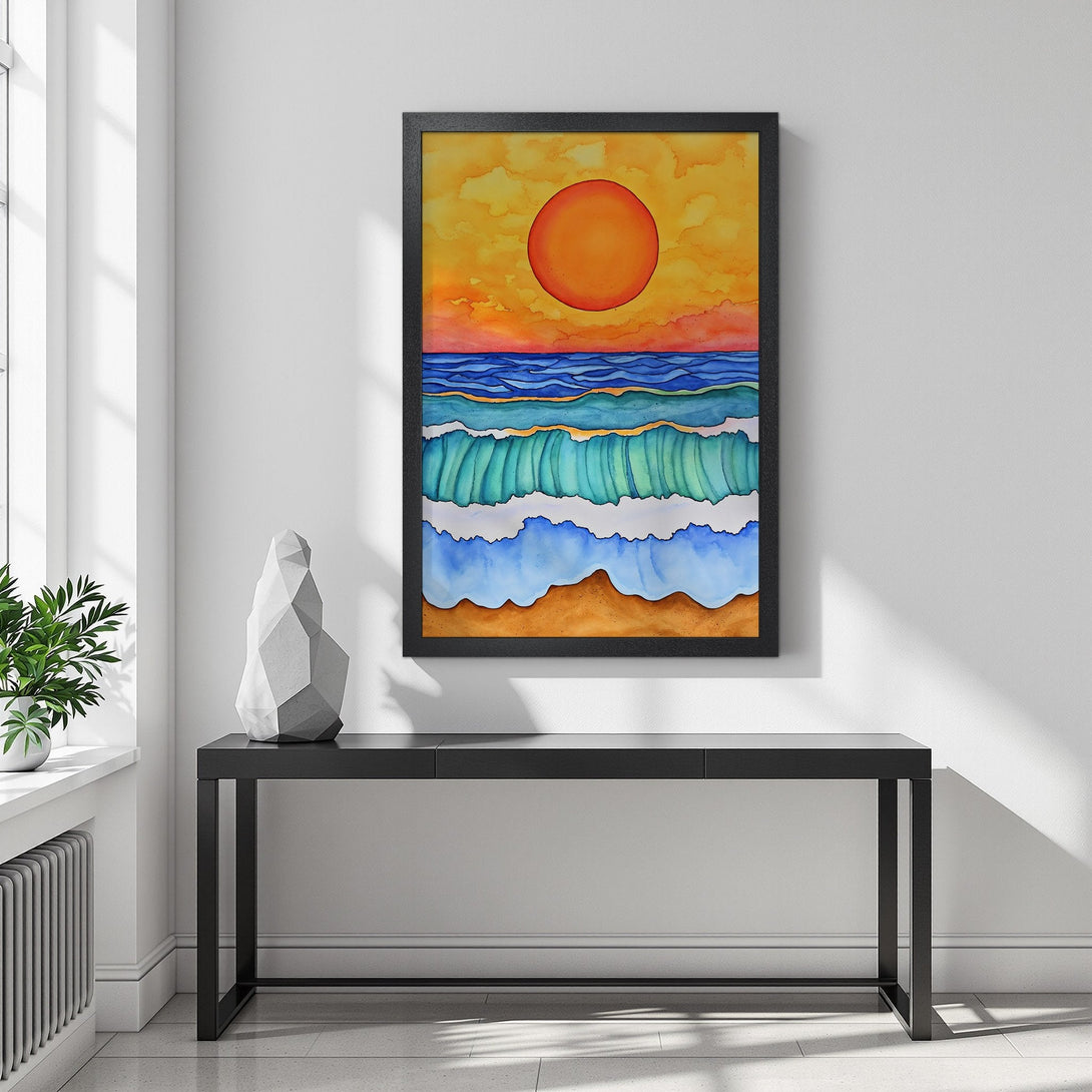 Framed Poster featuring a watercolor beach scene with warm sunset colors. Coastal art perfect for home decor.