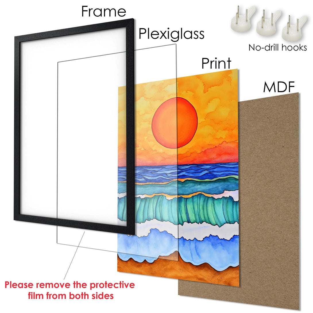 Framed Poster featuring a vibrant sunset over the ocean. Watercolor style art with warm orange, blue, and sand tones. Perfect wall decor!