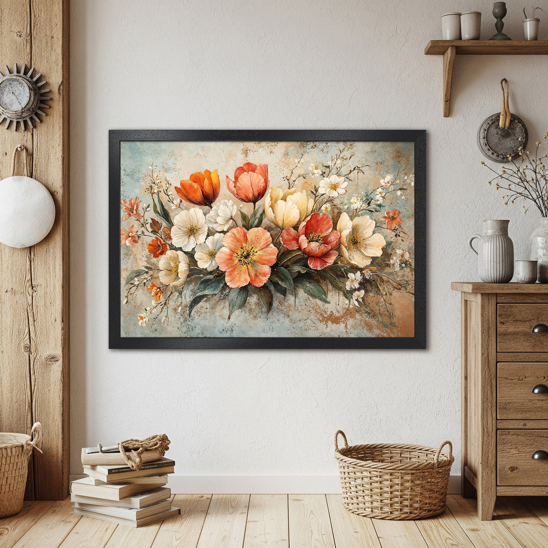 Framed Poster featuring a vibrant floral bouquet. Rustic style with warm orange, white, and blue tones. Perfect wall art for your home.